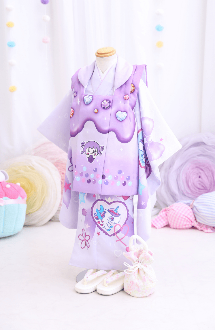 しなことコラボした3歳七五三向け被布 パープル ブルー Shinako Collection